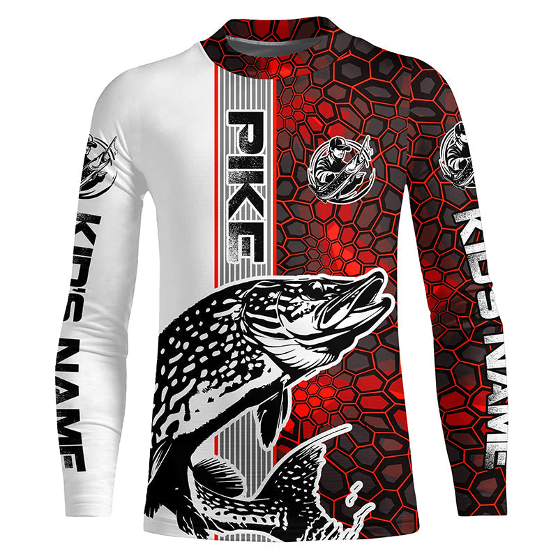Pike Fishing Red Camo Long Sleeve Fishing Shirts With Custom Name, Pike 3D Fishing Shirts Jerseys IPHW6621