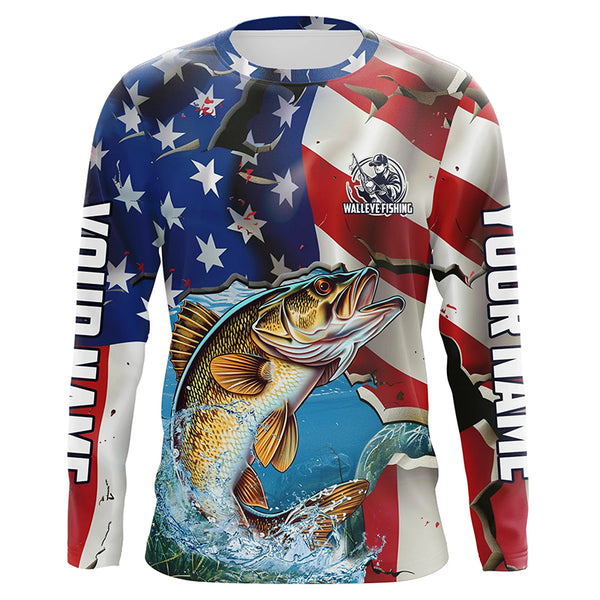 Personalized American Flag Walleye Long Sleeve Fishing Shirts, Patriotic Walleye Fisherman Jerseys IPHW6100