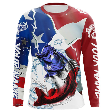 Bass Fishing American Flag Custom Performance Long Sleeve Fishing Shirts, Patriotic Fishing Gifts IPHW6110