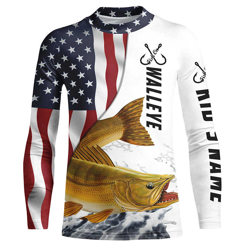 Walleye Fishing Jerseys US Flag Customize Name Fishing T-Shirts