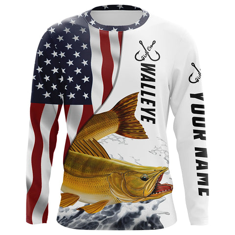 Walleye Fishing American Flag Custom Long Sleeve Fishing Shirts, Patriotic Fishing Jerseys IPHW4655