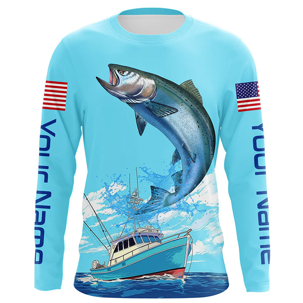 Custom American Flag Chinook Salmon Tournament Fishing Shirts, Salmon Saltwater Fishing Jerseys IPHW4824