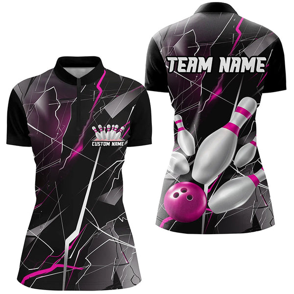 Pink Thunder Lightning Custom Bowling Team Shirts For Women, Strike Bowling Jerseys IPHW6468