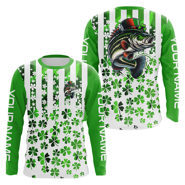 Personalized St Patrick'S Day Bass Long Sleeve Fishing Shirts, Patriotic Bass Fishing Jerseys IPHW5901