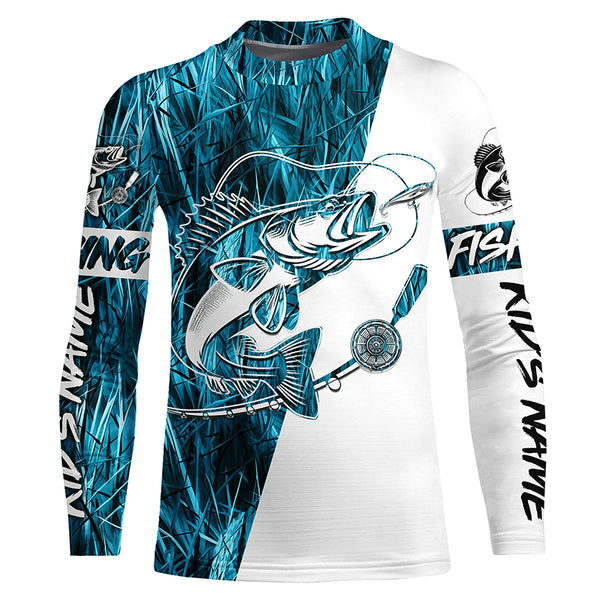 Walleye Fishing Tattoo Blue Camo Custom Long Sleeve Shirts, Walleye Tournament Fishing Jerseys IPHW6128