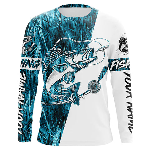 Walleye Fishing Tattoo Blue Camo Custom Long Sleeve Shirts, Walleye Tournament Fishing Jerseys IPHW6128