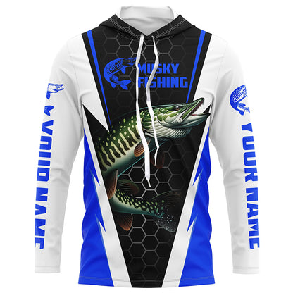 Personalized Musky Fishing Long Sleeve Tournament Fishing Shirts, Musky Fishing Jerseys |Blue IPHW6143