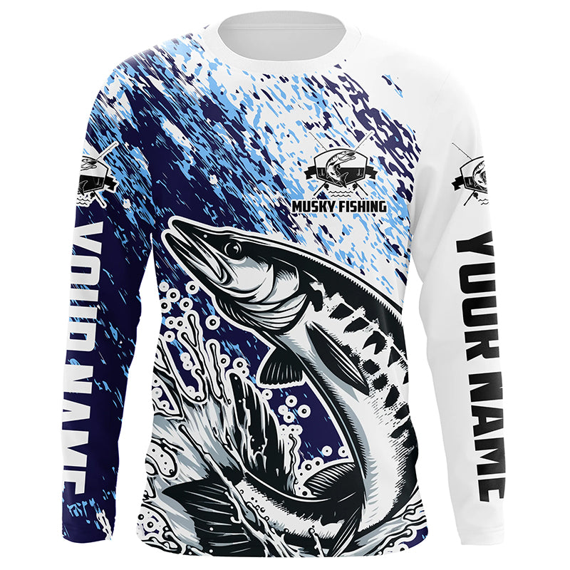 Custom Musky Fishing Jerseys, Muskie Long Sleeve Performamce Fishing Shirts For Adult And Kid | Blue IPHW5594