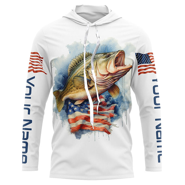 Bass Fishing American Flag Long Sleeve Fishing Shirts, Personalized Patriotic Bass Fishing Jerseys IPHW4696