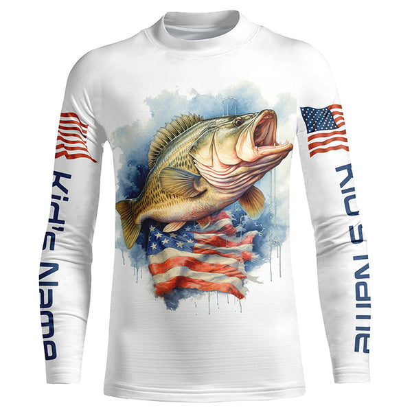 Bass Fishing American Flag Long Sleeve Fishing Shirts, Personalized Patriotic Bass Fishing Jerseys IPHW4696