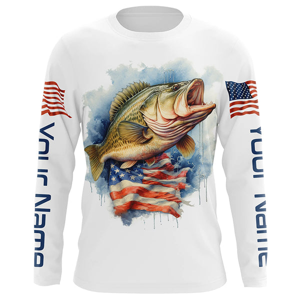 Bass Fishing American Flag Long Sleeve Fishing Shirts, Personalized Patriotic Bass Fishing Jerseys IPHW4696