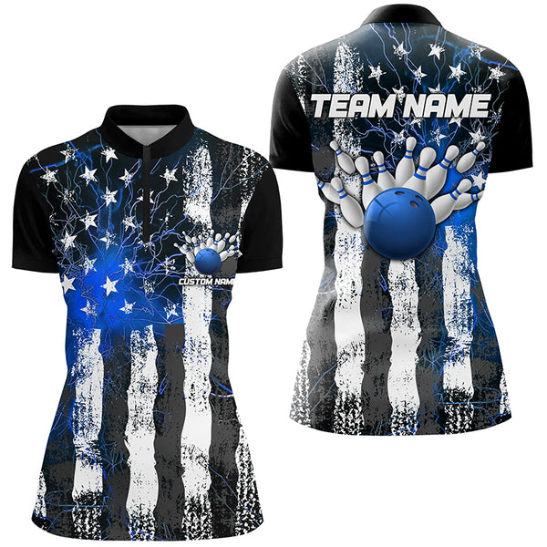 Blue Lightning American Flag Custom Ladies Bowling Team Jerseys, Patriotic Bowling Shirt IPHW6177