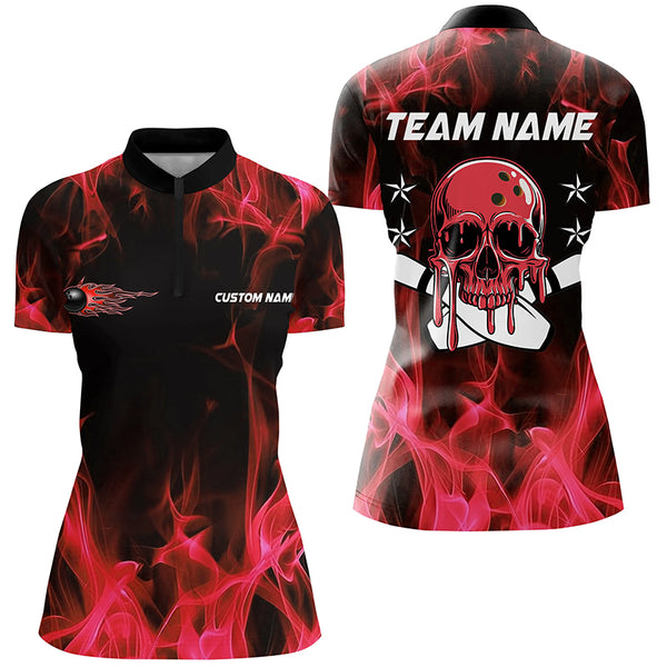 Custom Red Flame Skull Bowling Team Shirts, Bowling Polo/ Quarter-Zip Shirts For Women IPHW6180