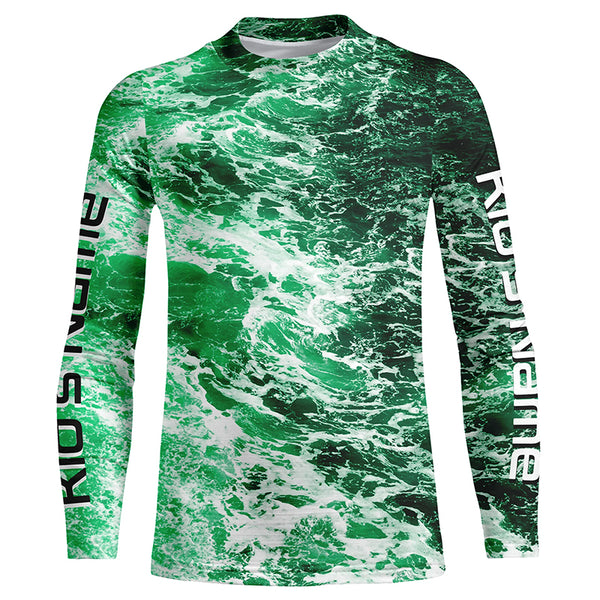 Custom Saltwater Long Sleeve Fishing Shirts Uv Protection, Sea Wave Camo Fishing Shirts | Green IPHW5026