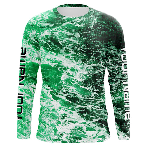 Custom Saltwater Long Sleeve Fishing Shirts Uv Protection, Sea Wave Camo Fishing Shirts | Green IPHW5026