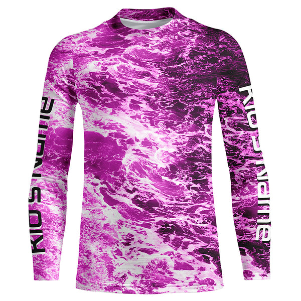 Custom Saltwater Long Sleeve Fishing Shirts Uv Protection, Sea Wave Camo Fishing Shirts | Pink IPHW5027