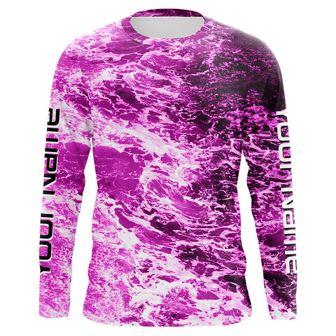 Custom Saltwater Long Sleeve Fishing Shirts Uv Protection, Sea Wave Camo Fishing Shirts | Pink IPHW5027