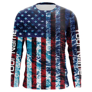 Custom Saltwater Long Sleeve Uv Fishing Shirts, American Flag Sea Wave Camo Fishing Shirts IPHW5028