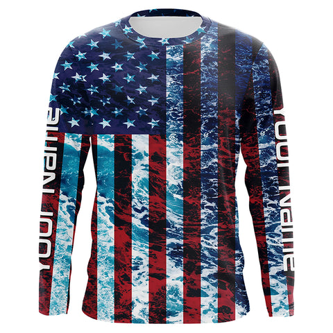 Custom Saltwater Long Sleeve Uv Fishing Shirts, American Flag Sea Wave Camo Fishing Shirts IPHW5028