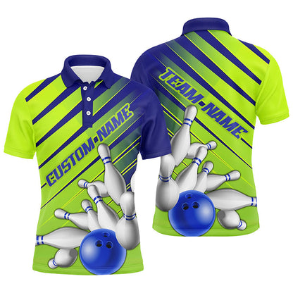 Blue And Green Strike Bowling Shirts For Men And Women, Custom Name Bowling Team Jerseys IPHW6189