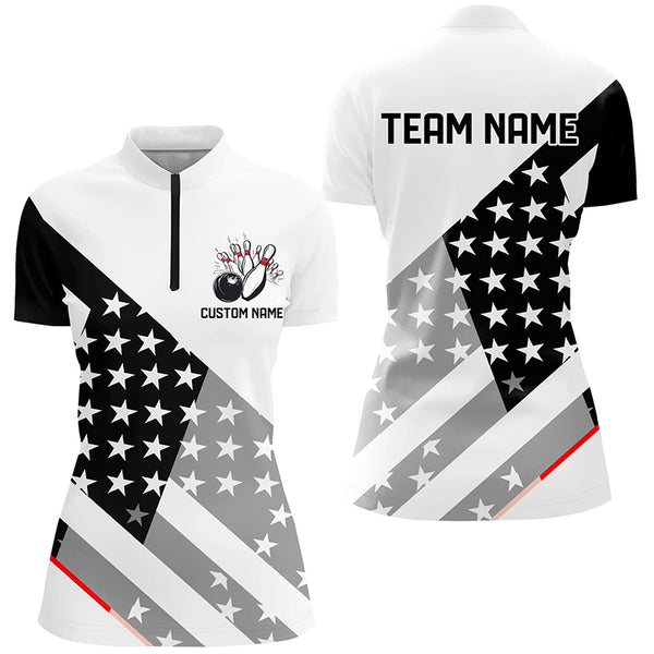 Custom Black And White American Flag Skull Bowling Shirts, Ladies Patriotic Bowling Jerseys IPHW6194