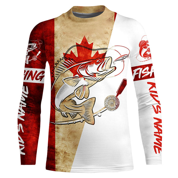 Canadian Flag Cuswom Walleye Long Sleeve Fishing Shirts, Vintage Canada Flag Walleye Fishing Jerseys IPHW6197