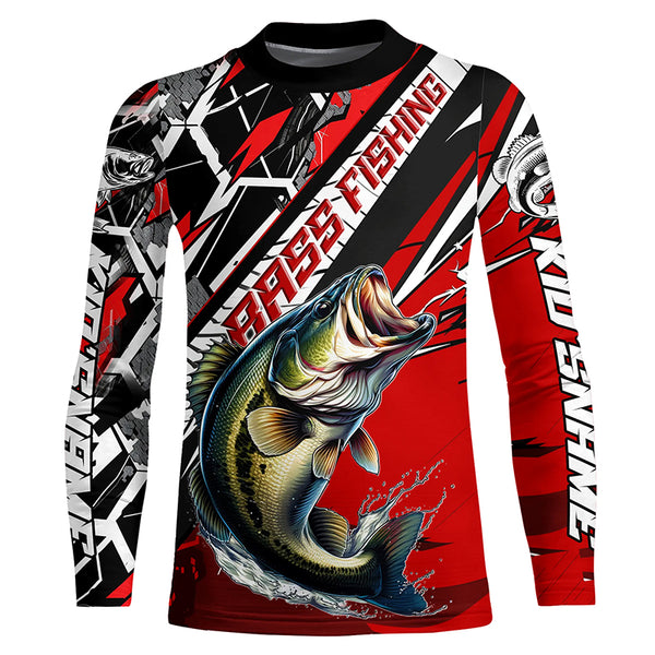 Black And Red Bass Long Sleeve Tournament Fishing Shirts, Custom Bass Fishing Jerseys IPHW6203