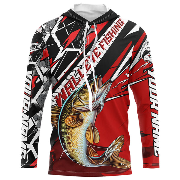 Black And Red Walleye Long Sleeve Tournament Fishing Shirts, Custom Walleye Fishing Jerseys IPHW6205