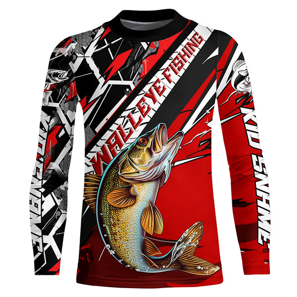 Black And Red Walleye Long Sleeve Tournament Fishing Shirts, Custom Walleye Fishing Jerseys IPHW6205