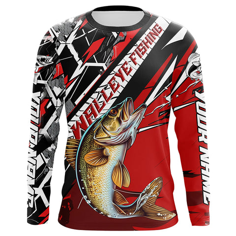Black And Red Walleye Long Sleeve Tournament Fishing Shirts, Custom Walleye Fishing Jerseys IPHW6205