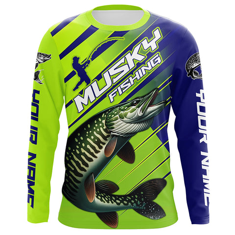 Musky Custom Long Sleeve Tournament Fishing Shirts, Muskie Fishing Jerseys | Green And Blue IPHW6211