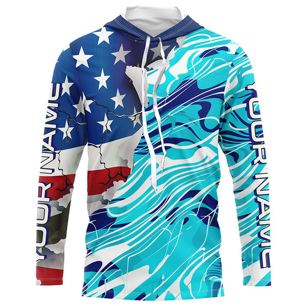 Custom American Flag Blue Camo Long Sleeve Shirts, Patriotic Performance Fishing Shirts IPHW6534