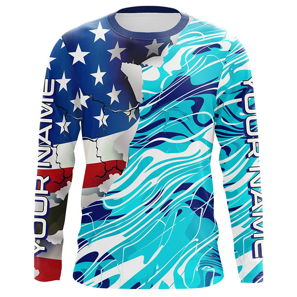 Custom American Flag Blue Camo Long Sleeve Shirts, Patriotic Performance Fishing Shirts IPHW6534