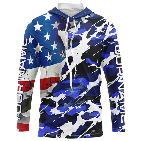 Custom American Flag Blue Camo Long Sleeve Shirts, Patriotic Performance Fishing Shirts IPHW6535