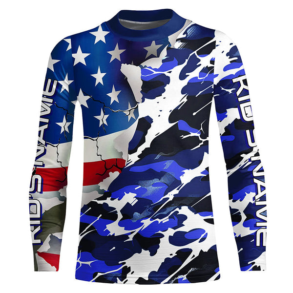 Custom American Flag Blue Camo Long Sleeve Shirts, Patriotic Performance Fishing Shirts IPHW6535