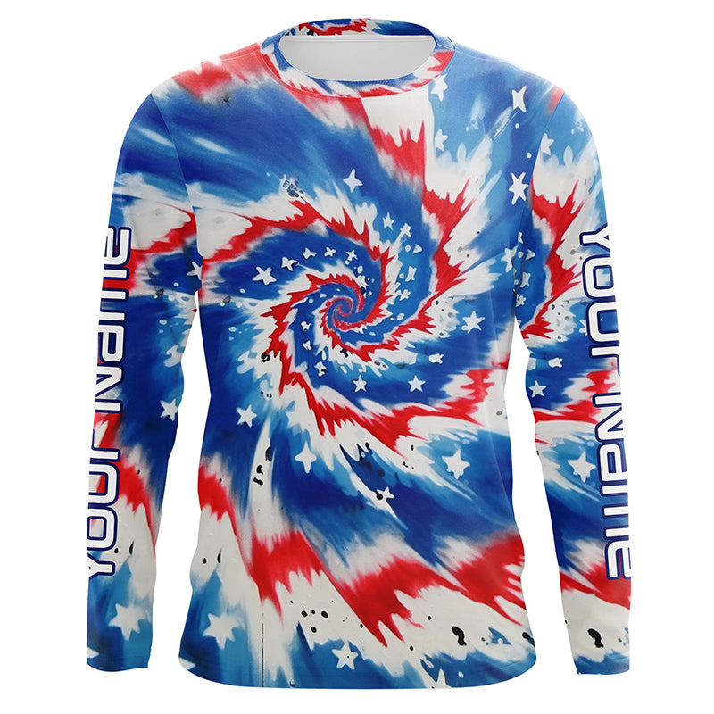 American Flag Tie Dye Custom Long Sleeve Performance Fishing Shirts, Patriotic Fishing Jerseys IPHW4726