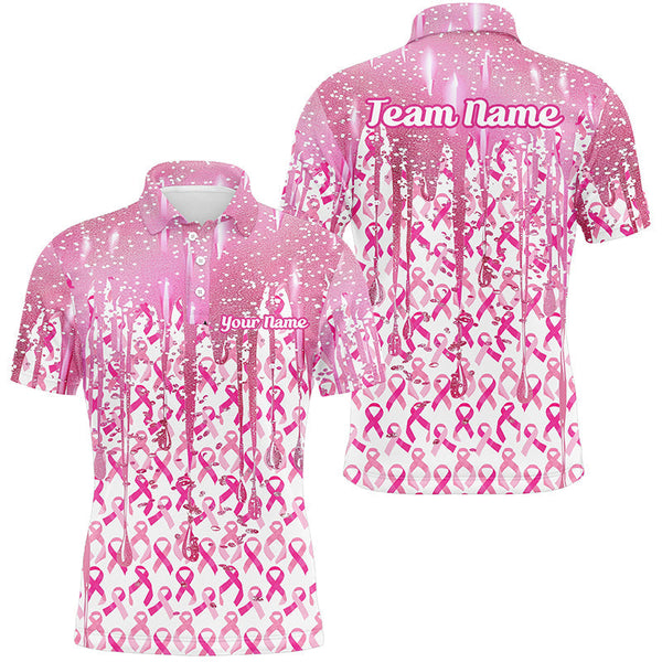 3D Pink Glitter Pink Ribbon Pattern Custom Breast Cancer Polo Shirts For Men And Women IPHW7050