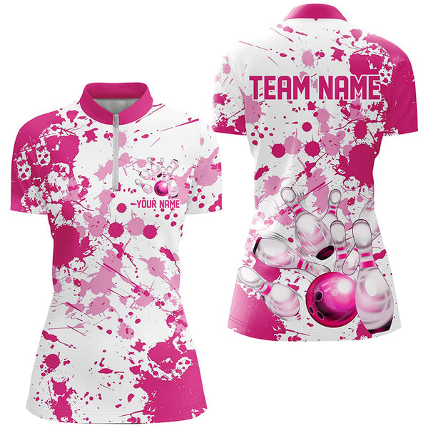 Custom Pink Bowling Polo Shirts For Women, Bowling Team Shirts Bowling Jerseys With Name IPHW7052