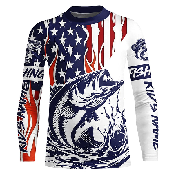 Flame American Flag Custom Bass Long Sleeve Tournament Fishing Shirts, Patriotic Bass Fishing Jersey IPHW5942