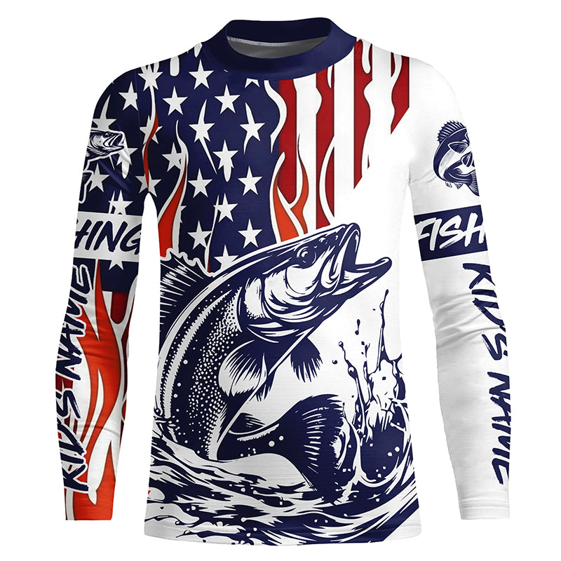 Flame American Flag Custom Walleye Long Sleeve Fishing Shirts, Patriot –  Myfihu