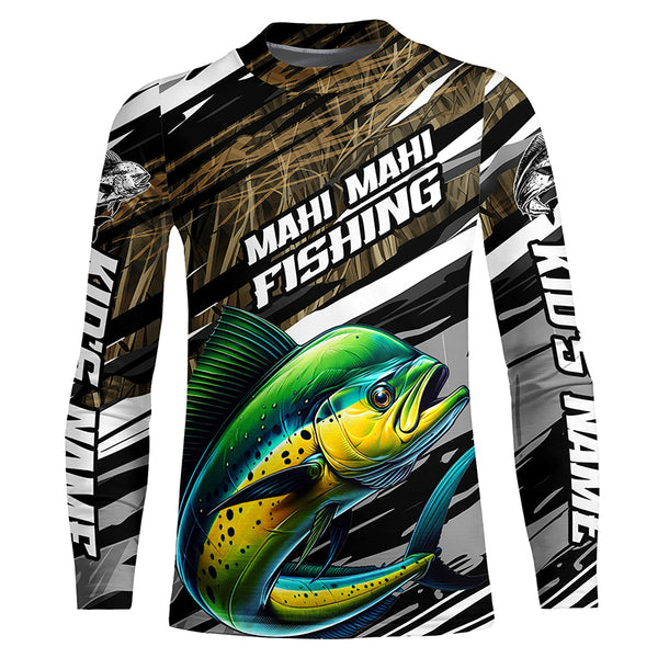 Personalized Mahi Mahi Fishing Long Sleeve Performance Shirts, Mahimahi Fishing Camo Jerseys IPHW6235