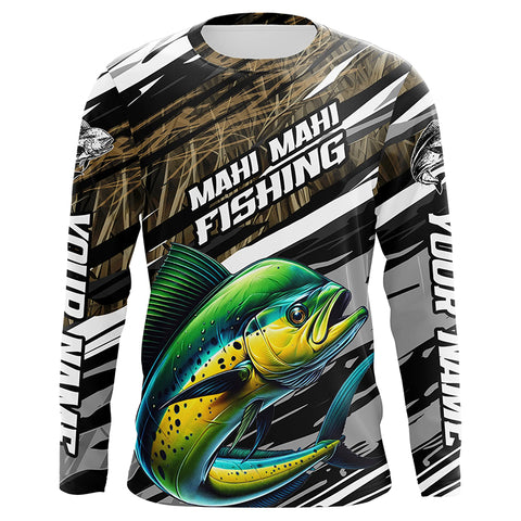 Personalized Mahi Mahi Fishing Long Sleeve Performance Shirts, Mahimahi Fishing Camo Jerseys IPHW6235