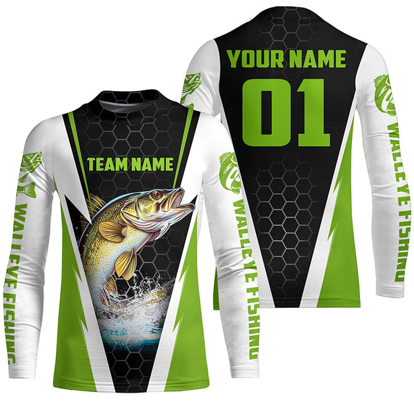 Walleye Fishing Long Sleeve Tournament Shirts For Fishing Team With Custom Name And Number | Green IPHW6236