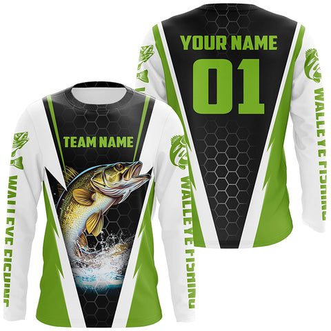 Walleye Fishing Long Sleeve Tournament Shirts For Fishing Team With Custom Name And Number | Green IPHW6236