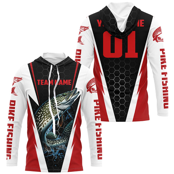 Pike Fishing Long Sleeve Tournament Shirts For Fishing Team With Custom Name And Number | Red IPHW6241