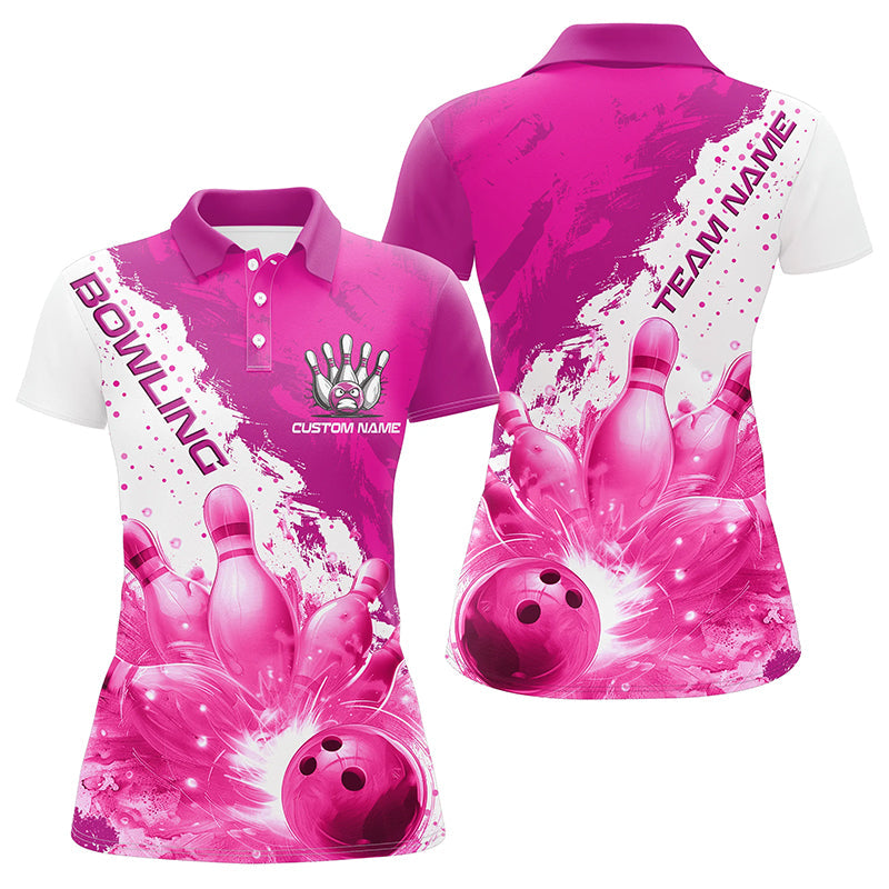 Pink Flame Strike Bowling Custom Team Shirts For Women, Bowler Outfit Bowling Team Jersey IPHW6256