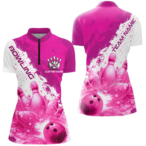 Pink Flame Strike Bowling Custom Team Shirts For Women, Bowler Outfit Bowling Team Jersey IPHW6256