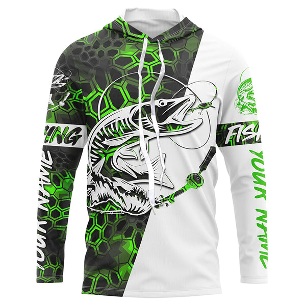 Musky Fishing Custom Long Sleeve Performance Fishing Shirts, Muskie Fishing Jerseys |  Green Camo IPHW4913