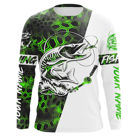 Musky Fishing Custom Long Sleeve Performance Fishing Shirts, Muskie Fishing Jerseys |  Green Camo IPHW4913