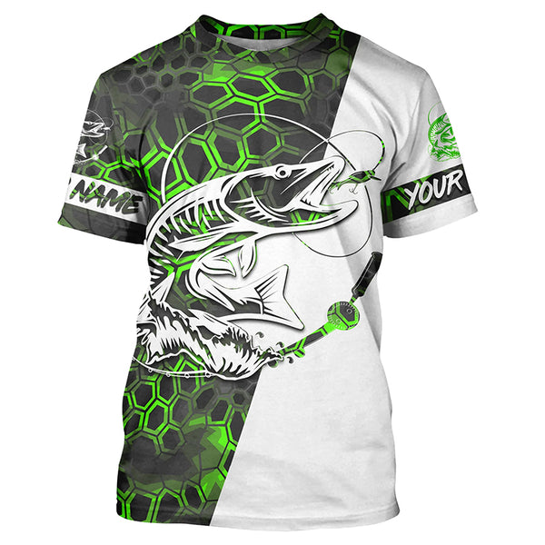 Musky Fishing Custom Long Sleeve Performance Fishing Shirts, Muskie Fishing Jerseys |  Green Camo IPHW4913